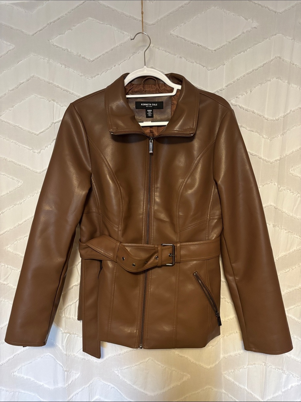 Kenneth Cole Cognac Brown Faux Leather Belted Jacket
